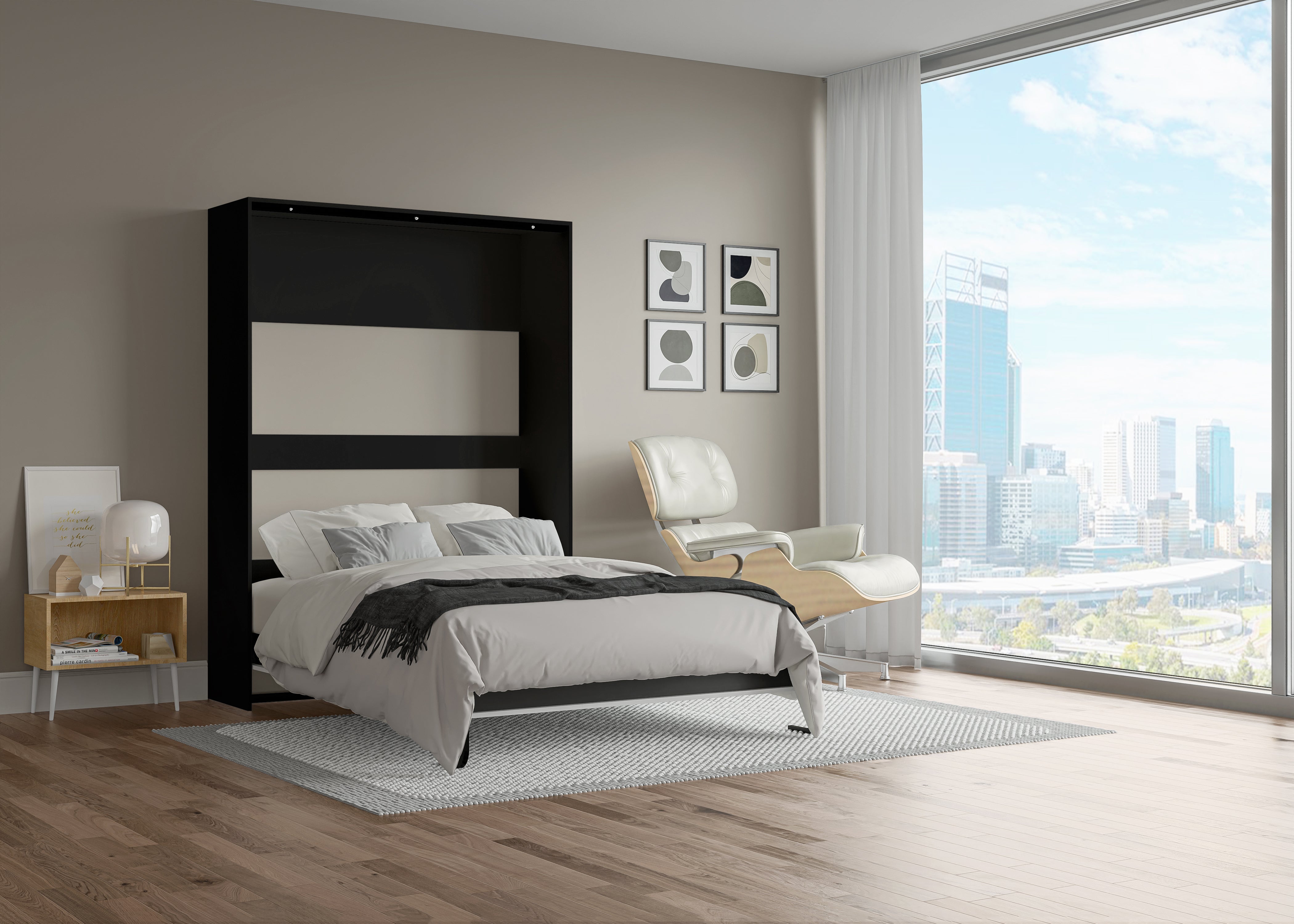 The Livingchy Lifestyle Solitary Full Murphy Bed | White - Black Cabinet